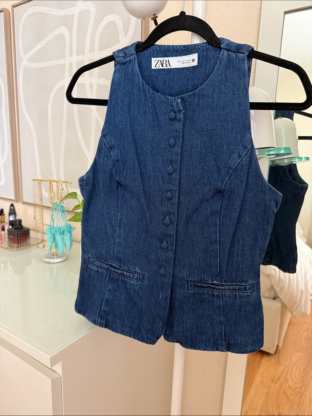 Zara Dark Blue Denim Button-Front Sleeveless Vest Small